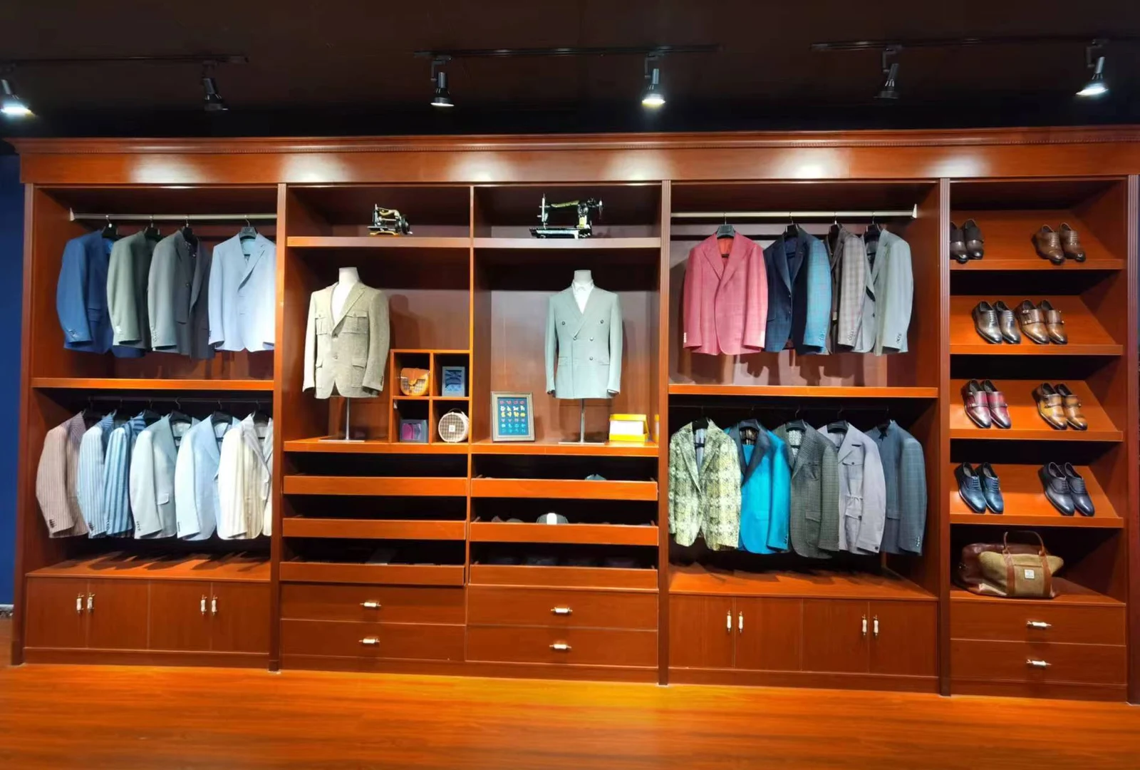 Tailored suits displayed at the Aoshi showroom